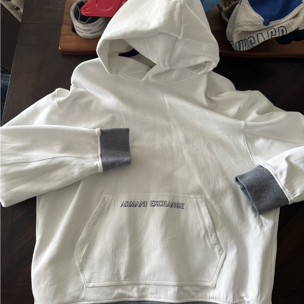Armani Exchange White Hoodie with Blue Cuffs